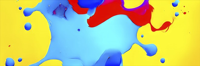 Abstract image with vibrant blue and red blobs and liquid shapes on a yellow background, AI