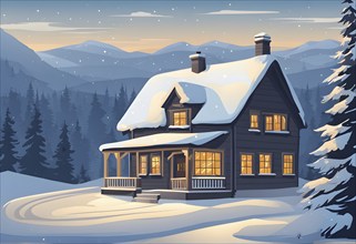 Snow-covered cottage in a serene winter scene in vector style, AI generated