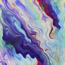 Abstract painting with fluid swirling pastel colors of purple, blue, green and yellow, AI generated