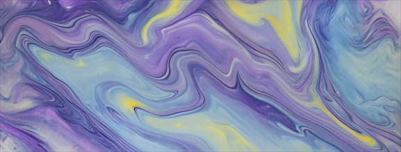 Abstract painting with fluid swirling pastel colors of purple, blue, green and yellow, AI generated