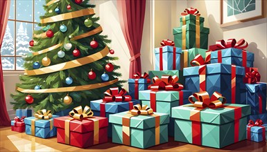 Abstract illustration of wrapped Christmas gifts, shiny ribbons and bows, stacked under a evergreen