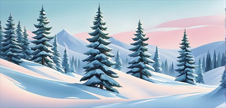 Abstract winter wonderland with minimalist stylized pine trees and snowdrifts using soft pastel