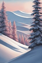 Abstract winter wonderland with minimalist stylized pine trees and snowdrifts using soft pastel