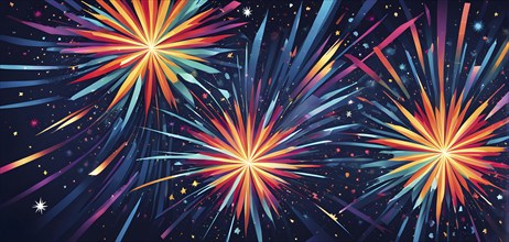 Wallpaper illustration of an explosion of vibrant fireworks colors in a night sky, symbol for happy