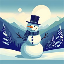 Abstract illustration of a snowman in an idyllic snowy winter landscape, hills and mountains and