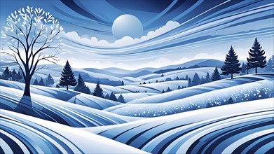 Abstract winter landscape illustration using cool blues and whites with swirling patterns and