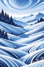 Abstract winter landscape illustration using cool blues and whites with swirling patterns and