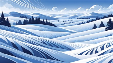 Abstract winter landscape illustration using cool blues and whites with swirling patterns and