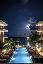 Real estate beach resort at the Caribbean coast at night, AI generated