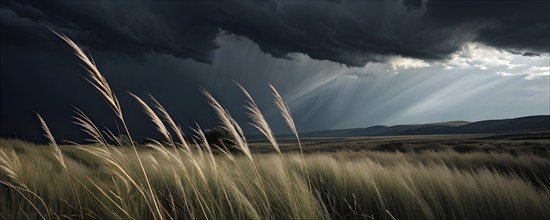 Field of Wild Grasses Under a stormy Sky, AI generated