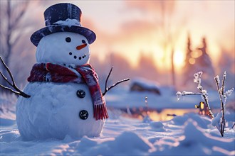 Snowman in an idylic winter landscape, snow covered trees, golden hour light of sunrise, AI