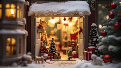 Traditional advent calendar door opening, showing a tiny festive scene inside with miniature