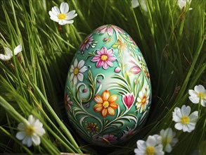 Painted Easter egg nestled in a bed of fresh green grass, showing intricate hand-painted floral