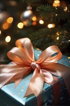 Close-up of a beautifully wrapped Christmas gift with a satin ribbon, set under a glowing Christmas