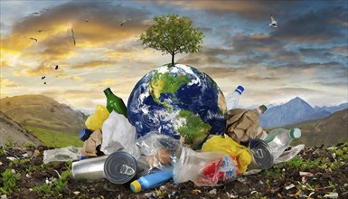 Symbolism, the earth as a planet littered with rubbish, AI-generated, AI-generated, AI generated