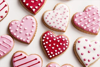 Heart shaped cookies with pink, white and red sugar icing. KI generiert, generiert AI generated