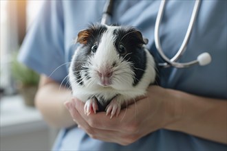 Guinea Pig held by vet. KI generiert, generiert, AI generated