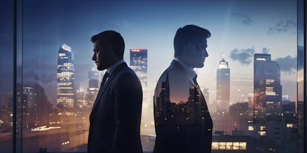 AI generated profile of business professionals with a double exposure of city lights, representing