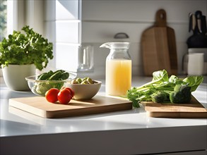 Minimalist kitchen with sleek, white cabinetry and a marble countertop, featuring a single wooden