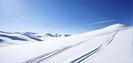 Simplified representation of ski tracks on a pristine snowy slope, created with bold, clean lines,