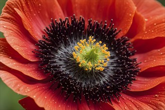 Macro of a common poppy (Papaver rhoeas), capturing the delicate red petals and intricate stamen