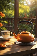 Orange colored tea kettle whistling on a rustic wooden table in soft morning sunlight, AI generated