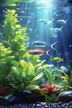 Aquarium teeming with green aquatic plants and schools of vibrant tetras and iridescent rasboras,