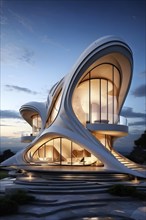 Modern art museum architecture inspired by seashells spiral patterns, AI generated