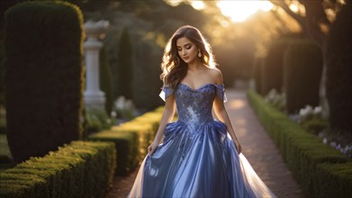 Young woman clad in luminous blue evening gown saunters along a garden path at dusk, AI generated