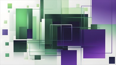 Abstract composition of an array of interlocking green and purple squares, AI generated