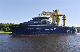 Offshore workboat Goelo Enabler travelling through the Kiel Canal, Kiel Canal, NOK,