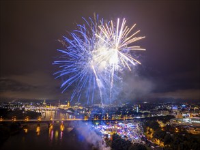 Fireworks for the carnival in front of the old town skyline in Dresden, Fireworks for the carnival