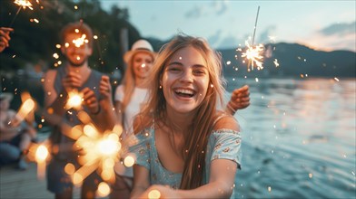 Young adults having fun with sparklers at the lake. generative AI, AI generated