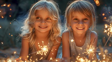 Cute children celebrating with fun sparklers. generative AI, AI generated