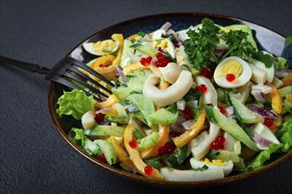 Salad with squid, fresh cucumber, eggs, sweet pepper, red onion, with dressing, homemade, no people