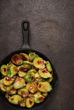 Roasted brussels sprouts, with bacon, vegetarian food, homemade, no people