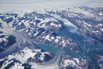 Aerial view of scenic Greenland Glaciers and icebergs