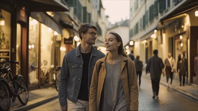 Happy young adult couple walk along the streets of europe, generatvie AI, AI generated