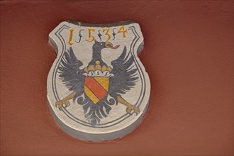 Town coat of arms with the year 1534, eagle figure, detail, town hall, Zell am Harmersbach,