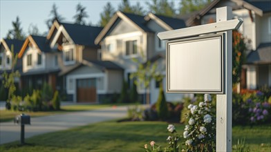 Blank real estate sign ready for your message in front of house. generative AI, AI generated