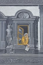 House wall with window and yellow woman leaning out, grey illusion painting, ornaments, sgraffiti