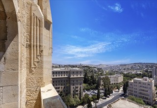 Panoramic skyline view of Jerusalem and arab and jewish neighborhood near historic center