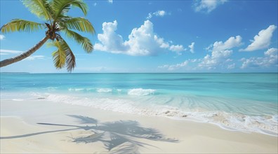 A beautiful beach with a palm tree in the foreground. Concept of relaxation, vacation and cruise,