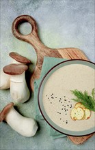 Mushroom cream soup, with dill and bruschetta, mushroom eringi