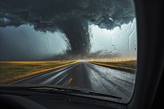 Disaster catastrophe storm concept, tornado in a field in the USA with car on road driving towards