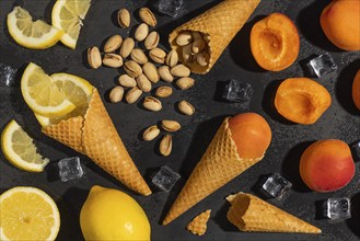 Ice cream cones with lemons, apricots and pistachios with ice cube cubes on a black background