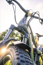 Front view of a bicycle at sunset in nature, forest bike, e-bike, Calw, Black Forest, Germany,