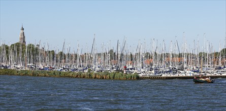 Enkhuizen marina with tower of the Zuiderkerk church, Enkhuizen, North Holland, West Friesland,