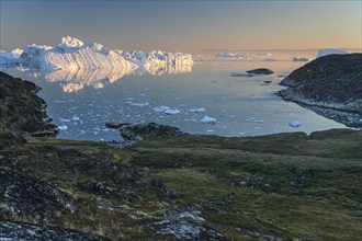 Icebergs and ice floes reflected in the water, summer, midnight sun, Jakobshavn glacier and ice