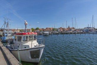 Town view Fåborg, Faaborg, harbour with fishing boats, motorboats and sailing yachts, jetty, Fyn,